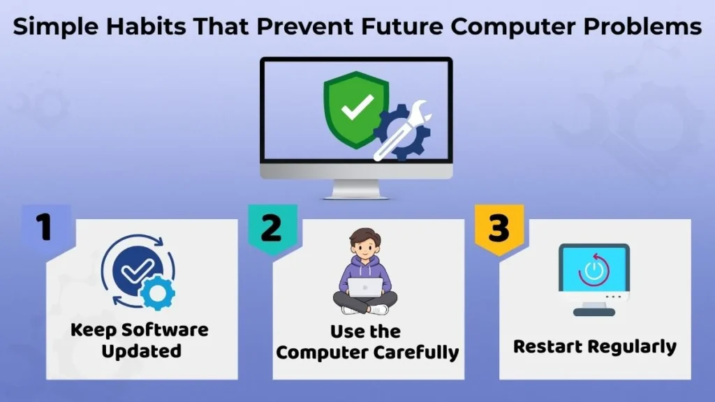 Image showing preventive computer habits including keeping software updated, using the computer carefully, and restarting regularly to avoid future problems.