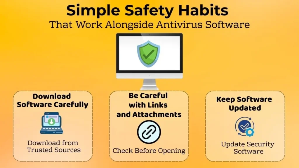 Infographic showing safe computer habits including trusted software downloads, careful handling of links and attachments, and keeping software updated.