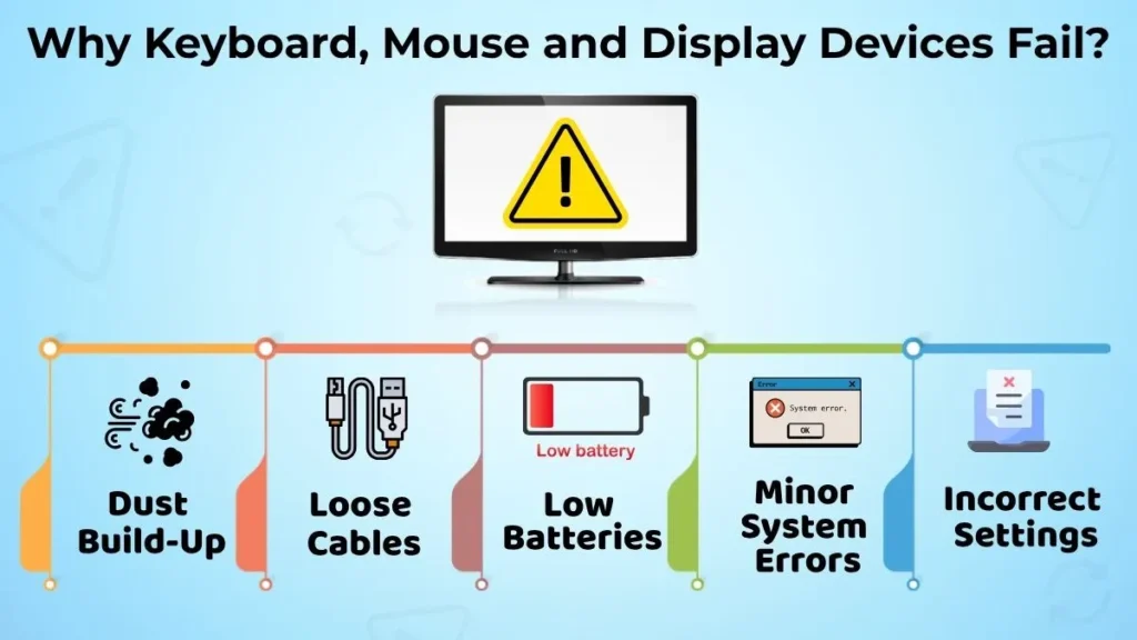 Infographic explaining common reasons keyboard, mouse, and display devices fail, including dust, loose cables, low batteries, system errors, and incorrect settings.