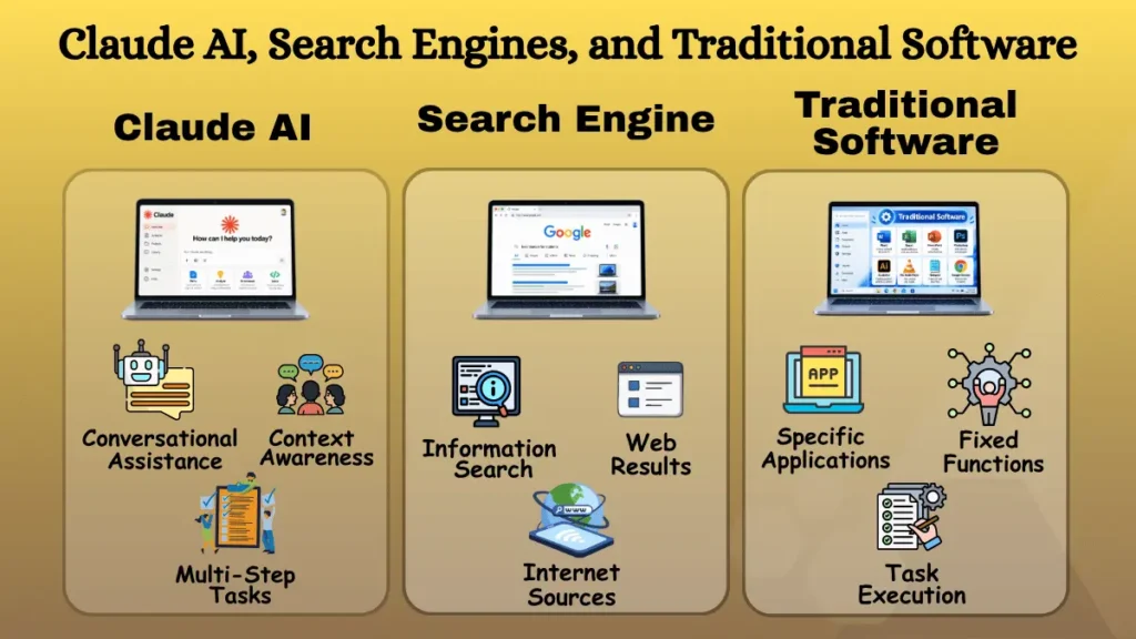 Claude AI vs Search Engine vs Traditional Software comparison infographic showing key differences between the three technologies