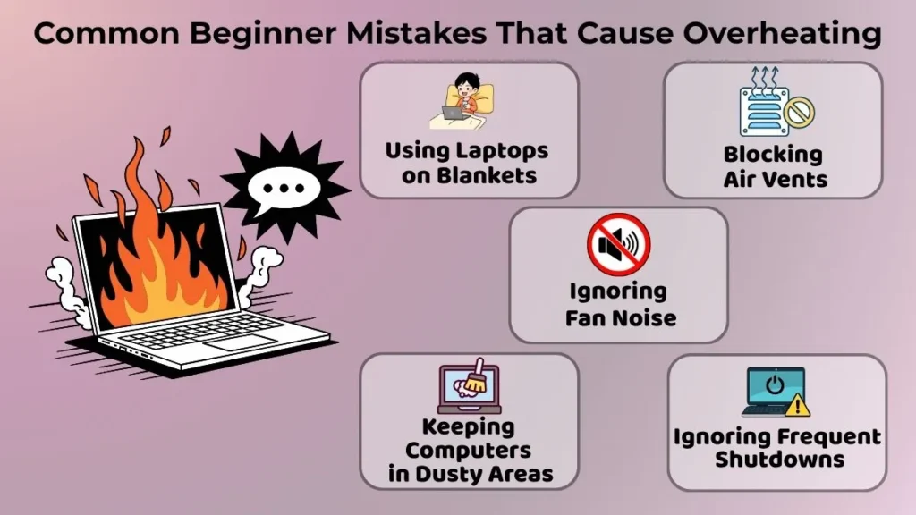 Common beginner mistakes that cause computer overheating such as blocked vents, dusty environments, and using laptops on blankets