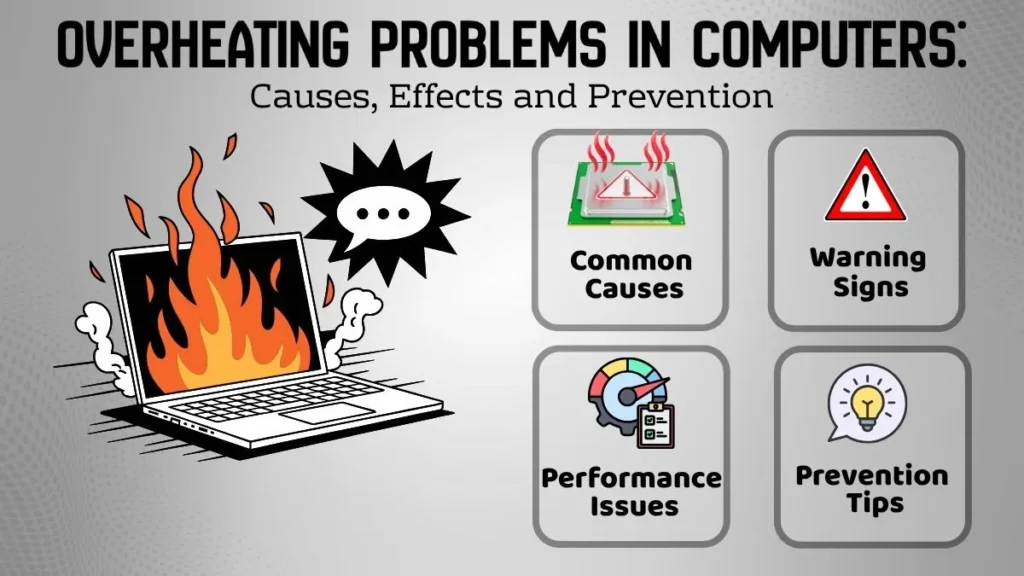 Overheating Problems in Computers showing causes, effects, warning signs, cooling issues, and prevention methods