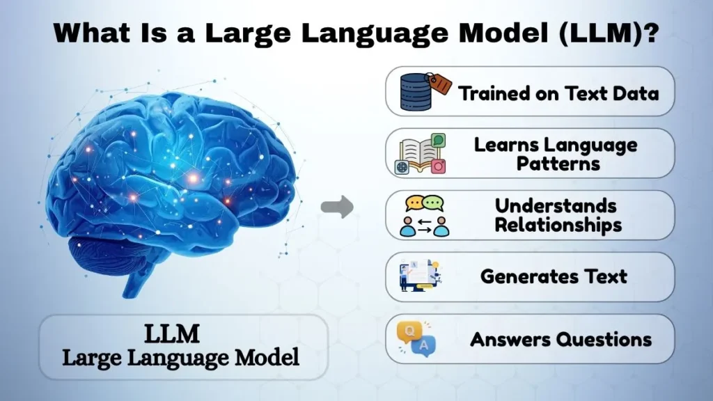 Large Language Model (LLM) illustration showing text data, language patterns, relationships, and AI text generation process