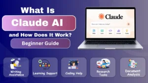What Is Claude AI and How Does It Work? Beginner Guide showing Claude AI helping with writing, learning, coding, research, and document analysis