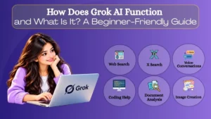 How Does Grok AI Function and What Is It? Beginner-Friendly Guide showing Grok AI assistant with web search, X search, coding help, document analysis, image creation, and voice conversation features.