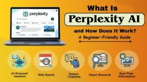 Illustration explaining what Perplexity AI is and how it works as an AI-powered answer engine with web search, source citations, and smart research capabilities.