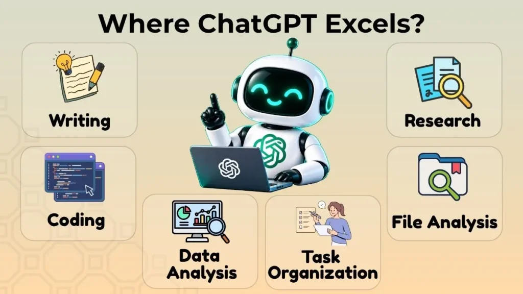 ChatGPT capabilities for writing, coding, research, file analysis, data analysis, and task organization